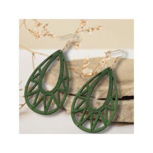 Green Wooden Hollow Water Drop Shaped Dangle Earrings For Women